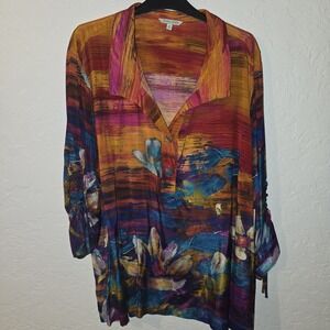 NEW John Mark Women's Size 2X Tunic Mixed Floral Print 3/4 Cinch Sleeve Blouse